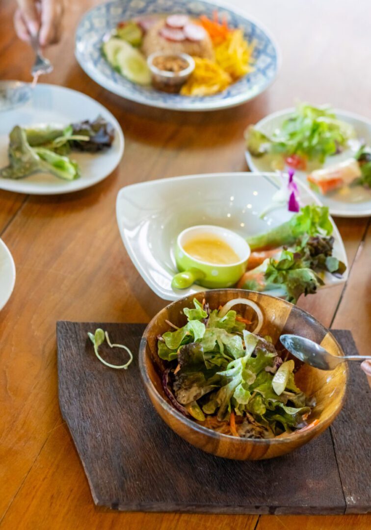 Colorful dishes on a wooden table